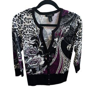 White House Black Market Women's Black White Purple Floral Cardigan Sz M